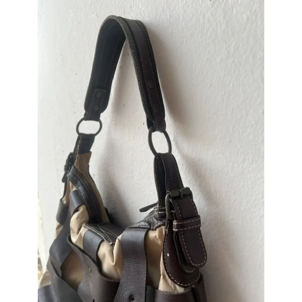 HARA Colombian Genuine Leather Trim Shoulder Bag Beige Brown Equestrian Style